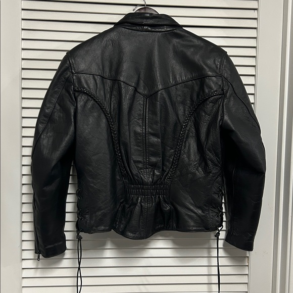 Interstate Leather brand Black Leather Motorcycle Jacket with Braiding Detail - Picture 3 of 7